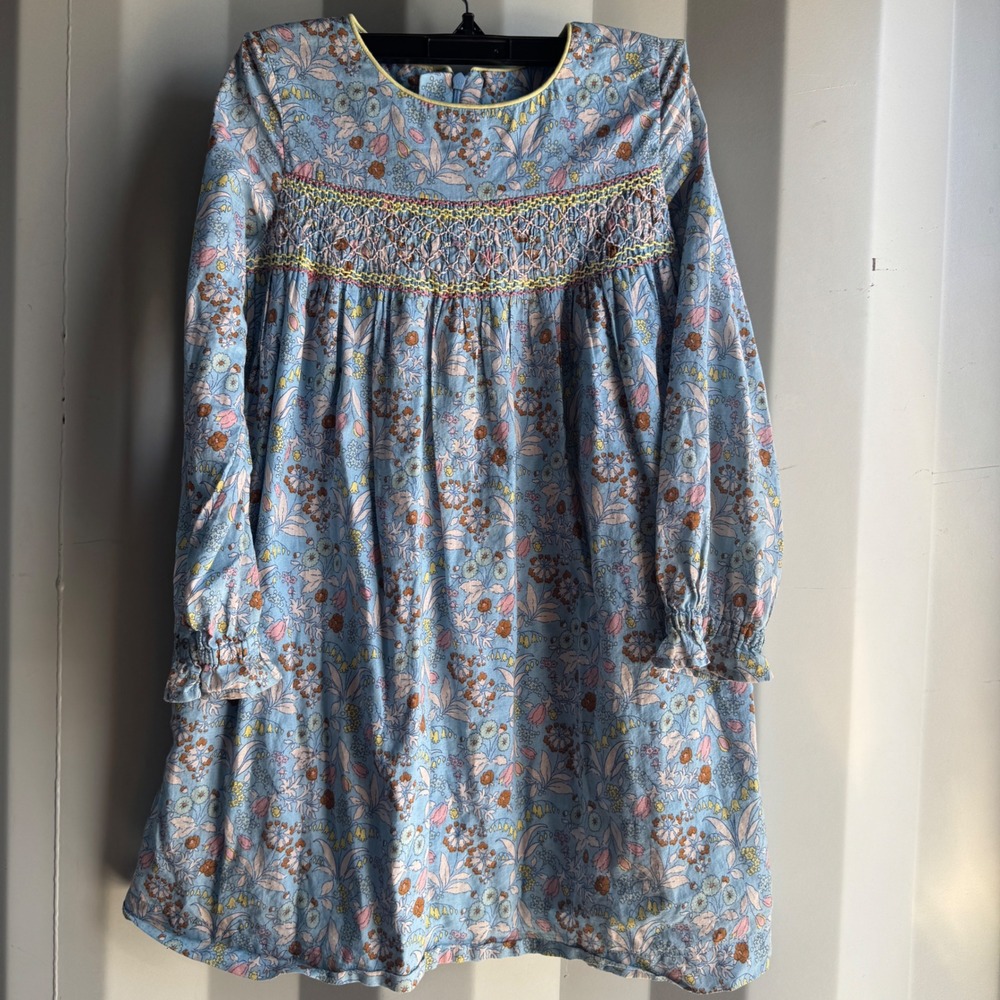 Mini Boden Dress 7-8Y Blue Floral Smocked Cotton Cottagecore Long Sleeve 128cm - Picture 1 of 12